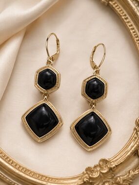 Monet Black Gold Tone Geometric Drop Earrings NWT Leverback Statement Minimalist